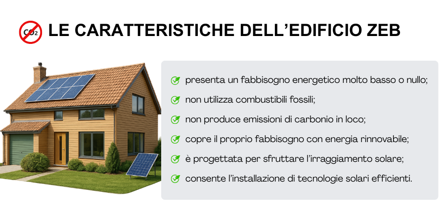 Un edificio zeb ha le seguenti caratteristiche: presenta un fabbisogno energetico molto basso o nullo; non utilizza combustibili fossili e non produce emissioni in loco di carbonio; copre il proprio fabbisogno energetico con energia rinnovabile prodotta in loco, nelle vicinanze, o fornita da reti efficienti e prive di carbonio; � progettato per ottimizzare l'irraggiamento solare e permettere l'installazione di tecnologie solari efficienti.